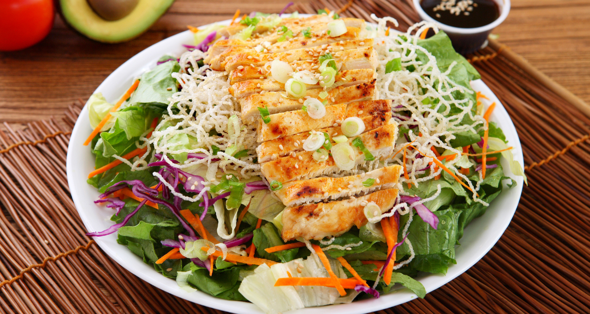 Healthy chicken salad with fresh greens — the first recipe in our grill collection