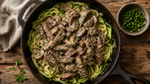 Creamy beef stroganoff with mushrooms served over zucchini noodles in a cast iron skillet