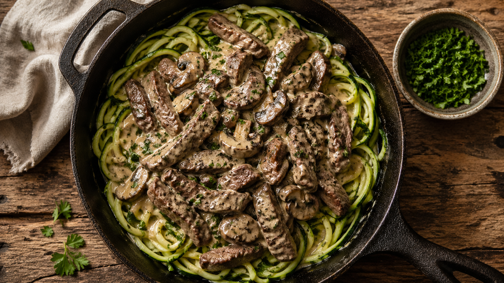 Creamy beef stroganoff with mushrooms served over zucchini noodles in a cast iron skillet