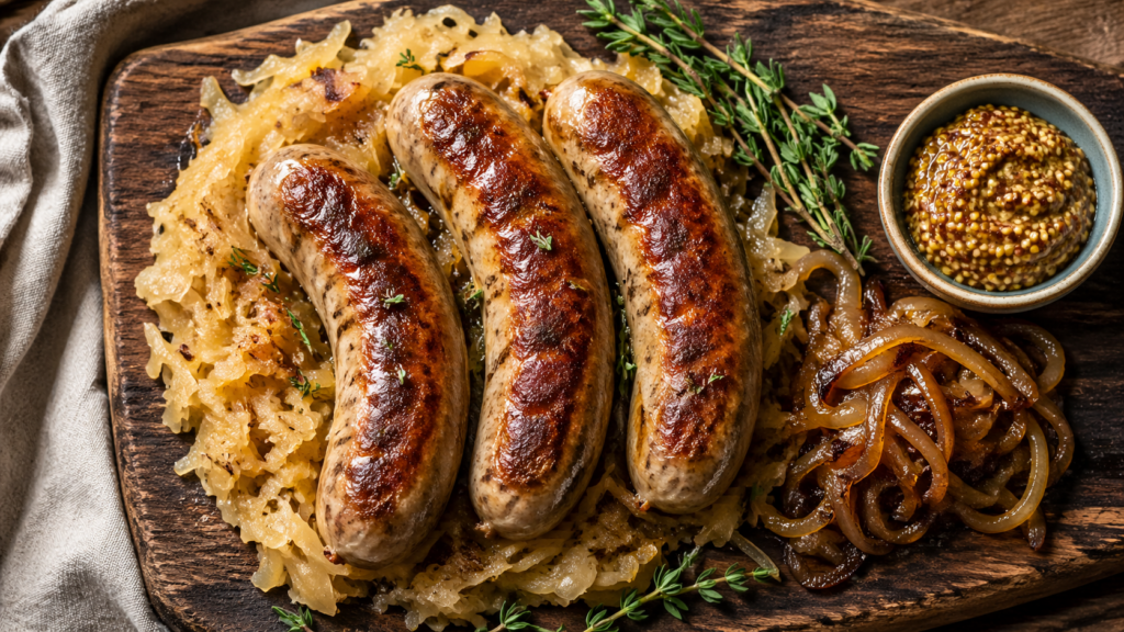 Browned bratwurst sausages on a bed of sauerkraut with mustard and caramelized onions