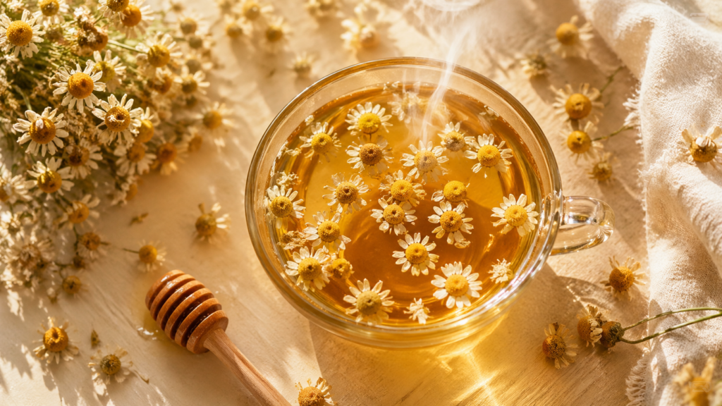 Glass teacup of golden chamomile tea with fresh chamomile flowers