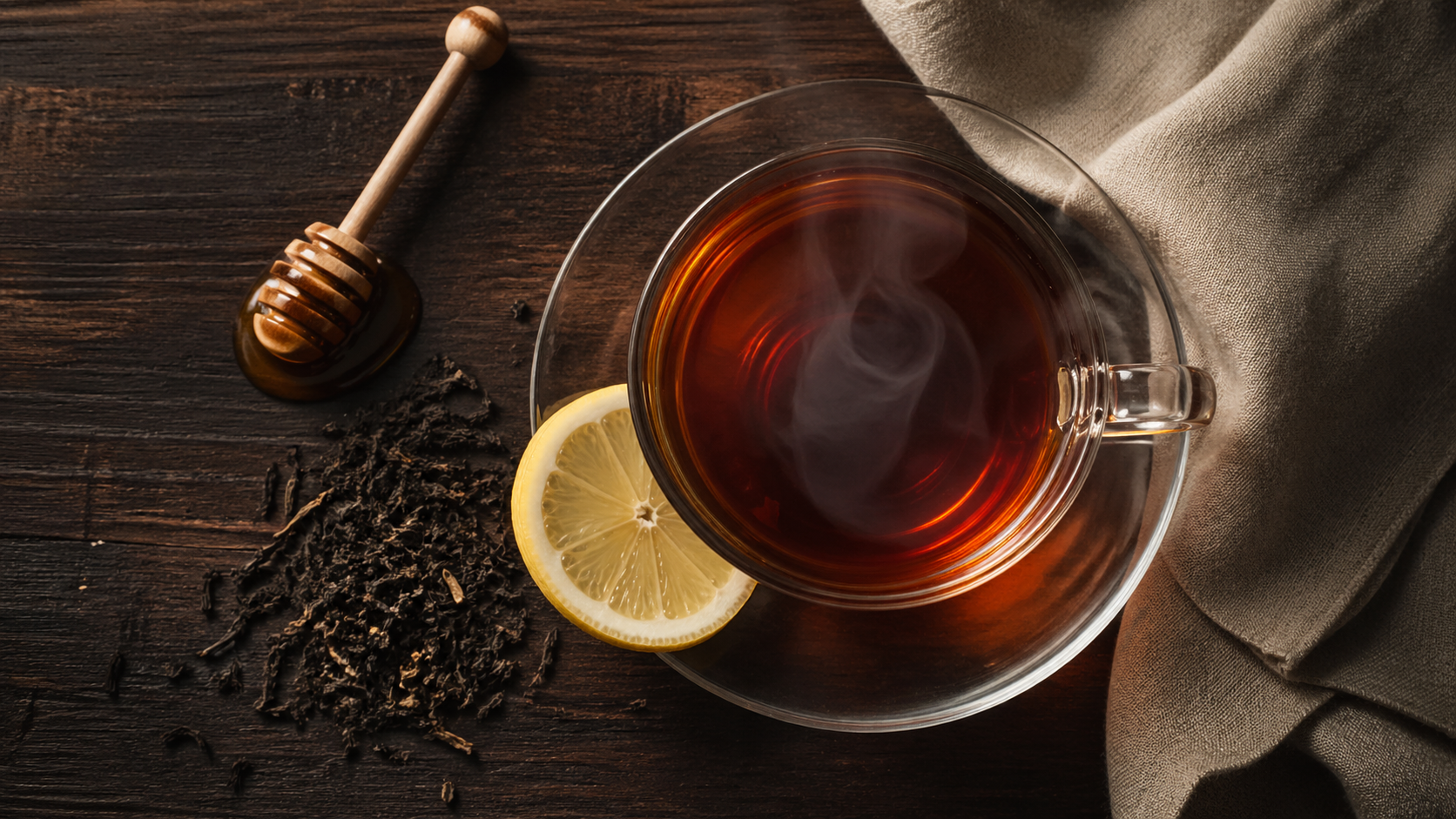 Glass mug of rich amber black tea with lemon slice and steam rising